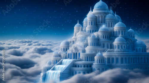 Majestic palace above the clouds at night