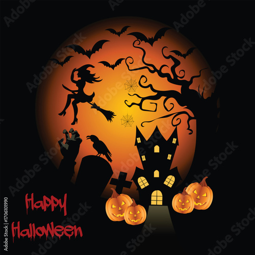 Spooky Halloween Scene with Witch, Pumpkins, and Haunted House