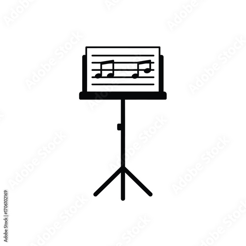 Music stand with open sheet music showing treble clef and notes on a white background. EPS 10.