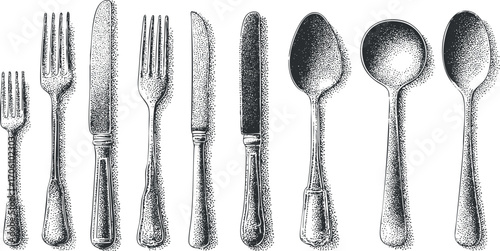 A collection of various types of cutlery including forks knives and spoons arranged elegantly.