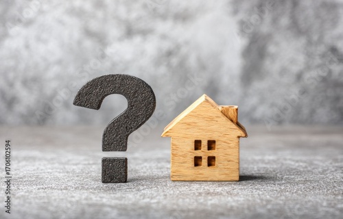A small wooden house model stands next to a question mark against a mottled gray backdrop, evoking concepts of uncertainty and property