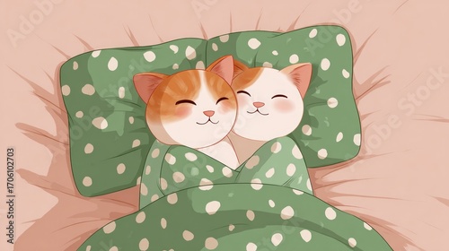 Cartoon cats cuddling under green polka dot blanket in bed  