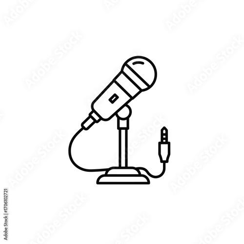 Microphone on stand with audio cable and jack for recording and podcasting on a white background. EPS 10.