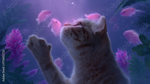 Cat reaching for fish in colorful underwater scene with plants  