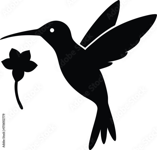 Black Silhouette of a Hummingbird Holding a Flower on a White Background flying nature