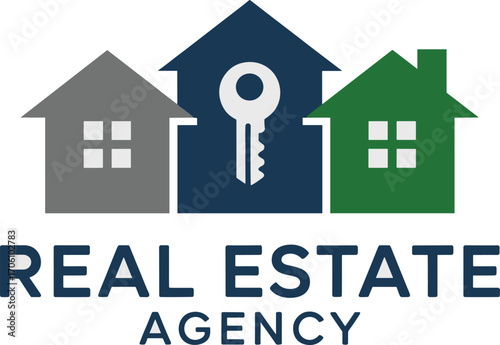 Modern real estate agency logo with houses and key symbol for property services