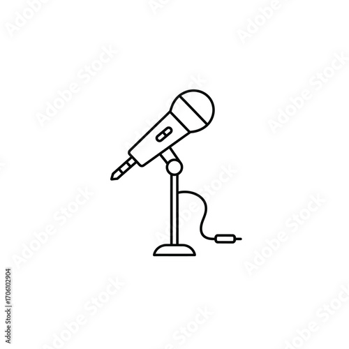 Microphone on stand with audio cable and jack for recording and podcasting on a white background. EPS 10.