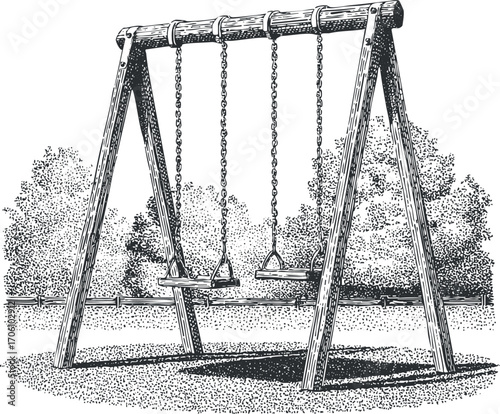 A detailed illustration of a wooden swing set in a park surrounded by trees and open space.