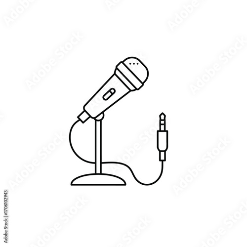 Microphone on stand with audio cable and jack for recording and podcasting on a white background. EPS 10.
