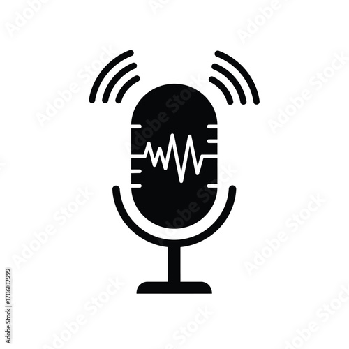 Classic microphone with sound wave pattern symbolizing voice input and podcasting on a white background. EPS 10.