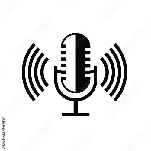 Classic microphone with sound wave pattern symbolizing voice input and podcasting on a white background. EPS 10.
