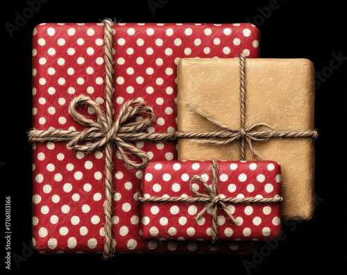 Stack of gifts two red dotted and one craft-paper wrapped, tied with twine on a black background. Graphic rendering style, Christmas/Holiday feel