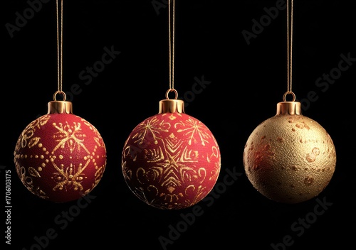 Three festive ornaments two ornate red spheres with golden patterns, and a gold sphere, suspended against a stark black backdrop
