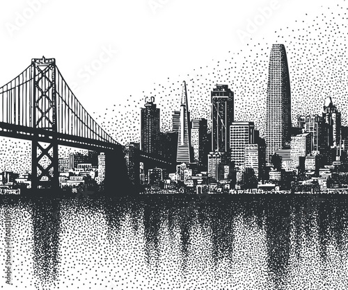 Black and white illustration of San Francisco skyline featuring the iconic Bay Bridge.