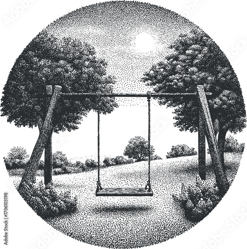 A serene illustration of a swing set in a peaceful natural landscape with trees and sunshine.