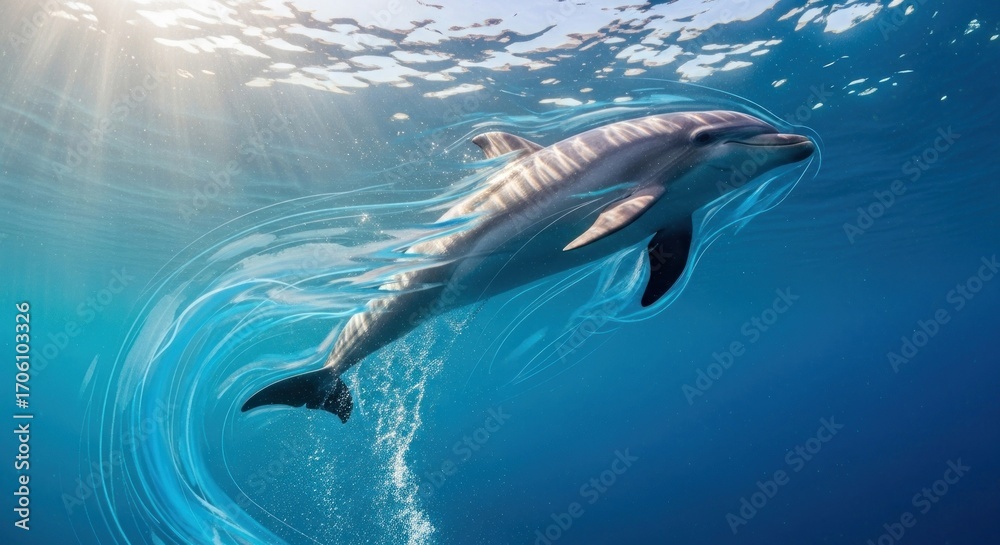 Fototapeta premium A graceful dolphin glides through the vibrant blue water, illuminated by sunbeams, showcasing its powerful movement with fluid lines.