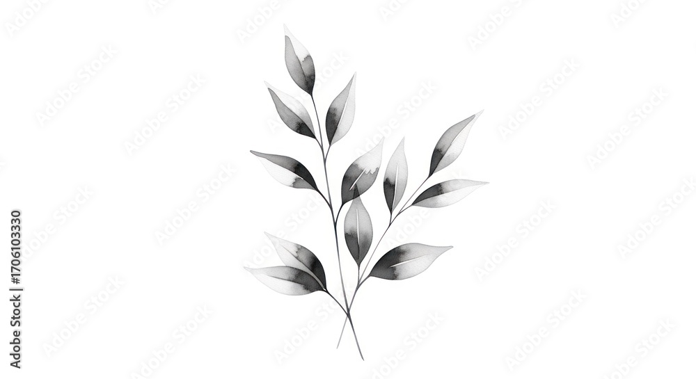 Naklejka premium Delicate grayscale plant sprig with softly shaded leaves, creating a tranquil and elegant design element.