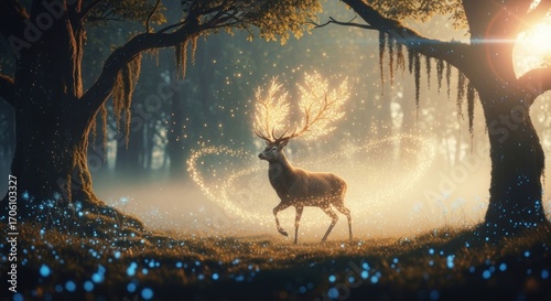 A magical deer with luminous antlers strolls through a mystical forest at dawn, bathed in soft light and glowing particles.