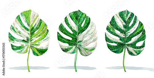 Three Monstera leaves, each with unique patterns of green and white variegation, displayed on a white background with soft shadows