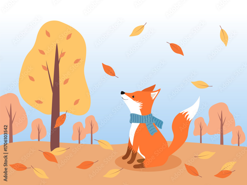 Fototapeta premium Fox cub in the autumn forest. A cute fox sits against the background of autumn trees and falling leaves. Autumn vector illustration.