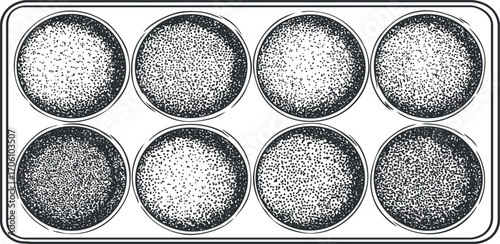 Illustration of a baking tray with eight round muffin molds ready for use.