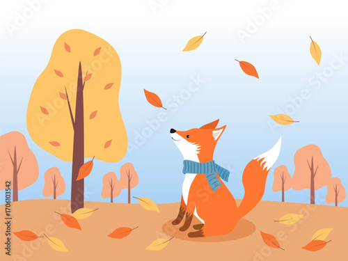 Fox cub in the autumn forest. A cute fox sits against the background of autumn trees and falling leaves. Autumn vector illustration.