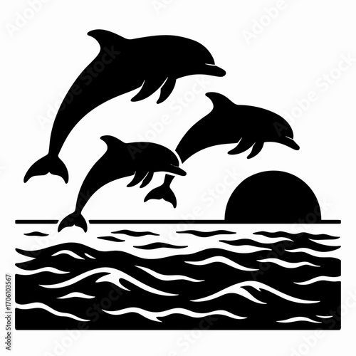 Silhouette of leaping dolphins with waves and a sun in the background