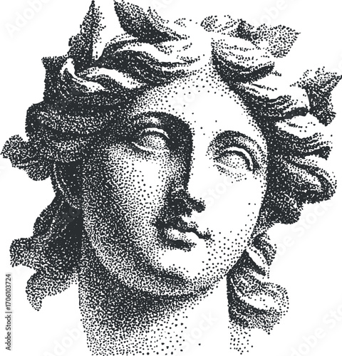 A detailed black and white illustration of a classical female portrait with flowing hair.