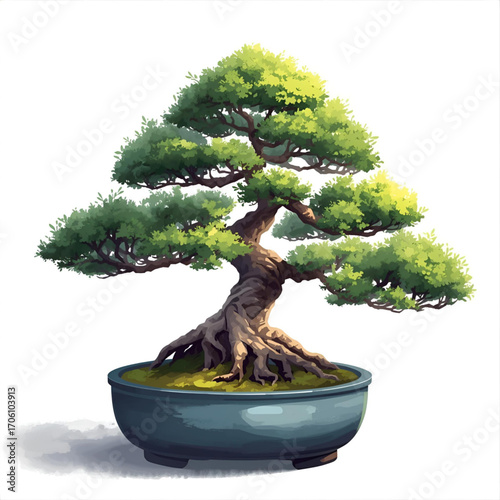 Tranquil bonsai tree with lush green foliage in a simple pot, symbolizing peace and nature