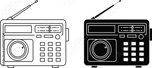 Radio Set Silhouette, Classic Receiver, Electronic Equipment, Black and White