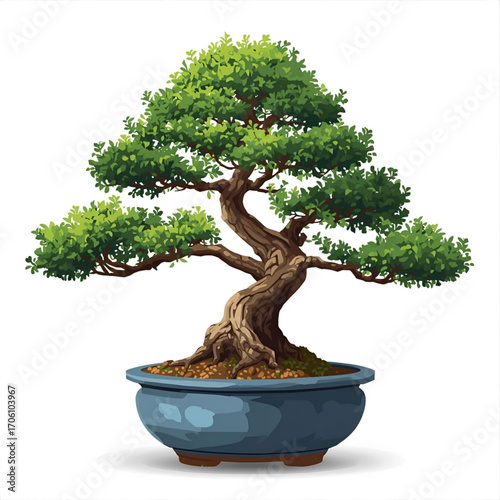 Tranquil, meticulously shaped bonsai tree in a blue ceramic pot, symbolizing patience and natural beauty.