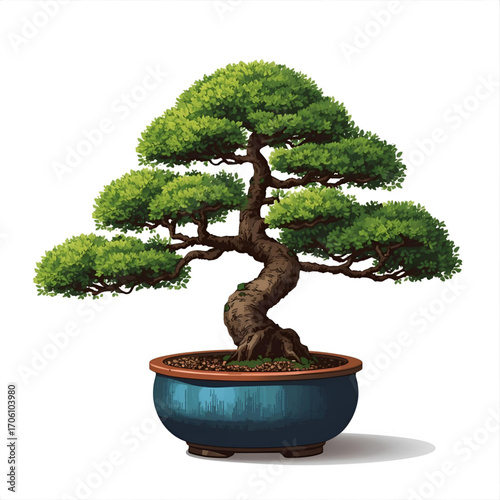 Elegant miniature tree meticulously shaped in a decorative pot, symbolizing patience and nature's artistry.