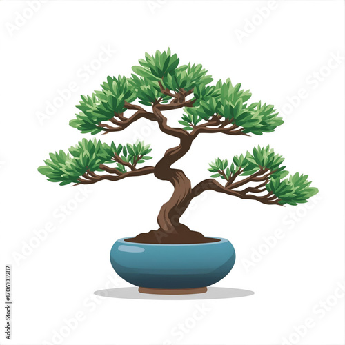 Serene bonsai tree in a tranquil blue pot, symbolizing nature and patience