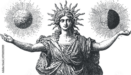 A vintage illustration featuring the sun and moon held by a celestial figure symbolizing balance.