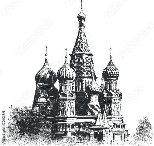 Illustration of an ornate historical Russian cathedral with domes and detailed architecture.