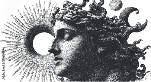 A detailed black and white illustration of a serene female face surrounded by celestial elements.