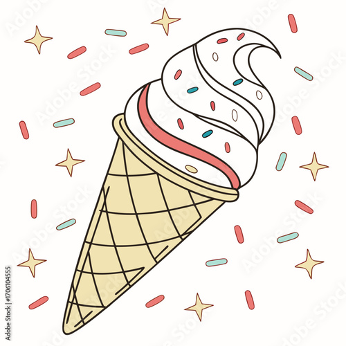 A delicious swirl of vanilla ice cream in a waffle cone adorned with colorful sprinkles and surrounded by festive stars