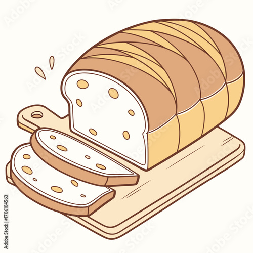 A delicious loaf of sliced white bread with a golden crust rests on a wooden cutting board