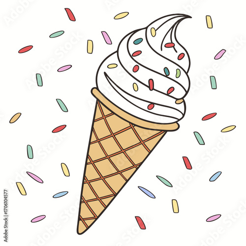 A delicious vanilla ice cream cone with colorful sprinkles falling around it on a white background