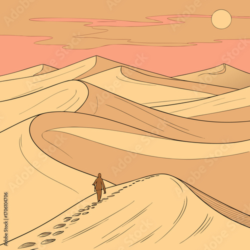 A lone traveler walks across vast rolling sand dunes under a warm desert sky with a distant sun