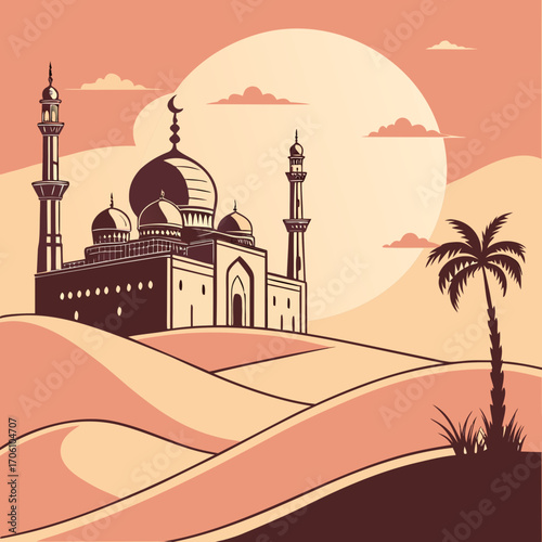A majestic islamic mosque with towering minarets stands on a sand dune under a large warm sun in a desert landscape