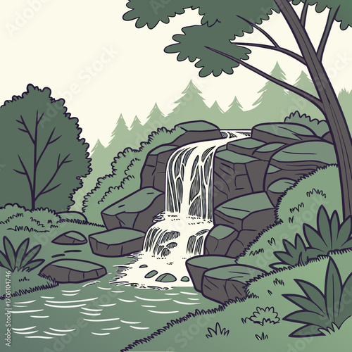 A picturesque cartoon illustration of a serene forest landscape featuring a cascading waterfall flowing over mossy rocks into a clear stream surrounded by lush green trees and foliage