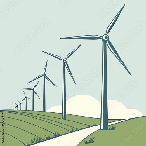 A row of wind turbines on a green grassy hill under a pale blue sky with stylized clouds and a winding path