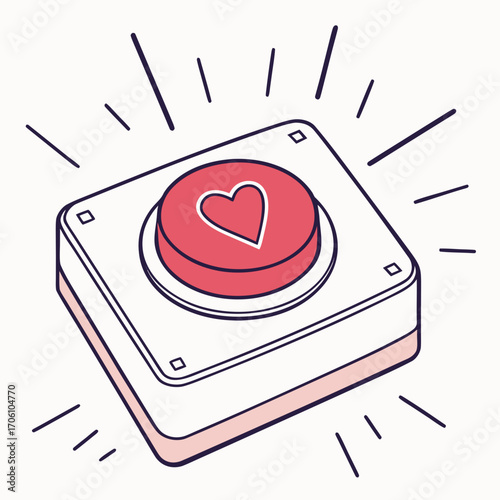 A red button with a white heart symbol on top emitting radiating lines indicating activation or energy