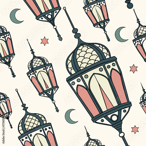 A seamless pattern of traditional islamic lanterns with crescent moons and stars in a pastel color palette