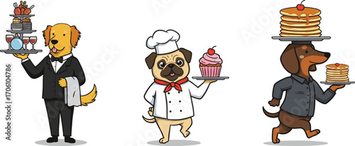 Funny cartoon dogs as chefs and waiters serving food, desserts, pancakes, in restaurant outfits, perfect for food-related vector designs