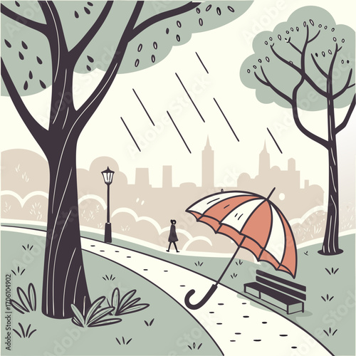 A solitary figure walks through a park on a rainy day with an umbrella and city skyline in the background