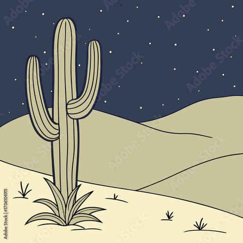 A solitary saguaro cactus stands tall against a starry night sky over rolling desert hills
