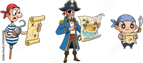 Funny cartoon pirates holding treasure maps, pirate adventure illustration, treasure hunt characters, pirate captain, kids pirate, scroll map drawing.