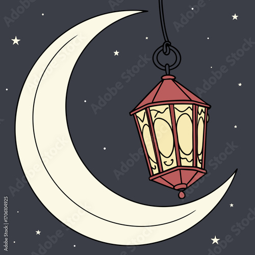 A stylized crescent moon hangs in a dark starry night sky with a vintage red lantern illuminating the scene